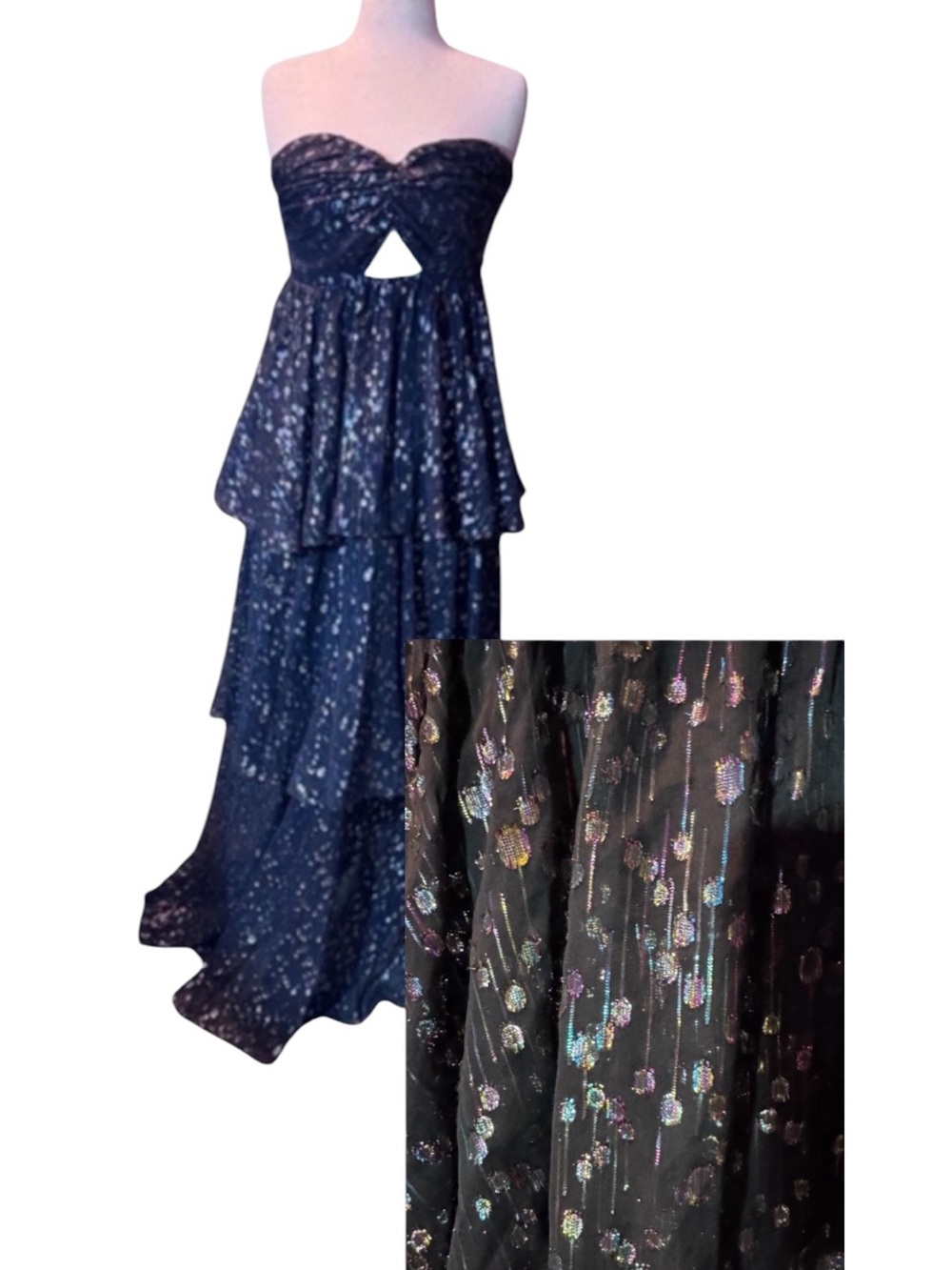 Vintage Mestiza Strapless Black Iridescent Silk Tiered Evening Gown, Sz 12. EUC